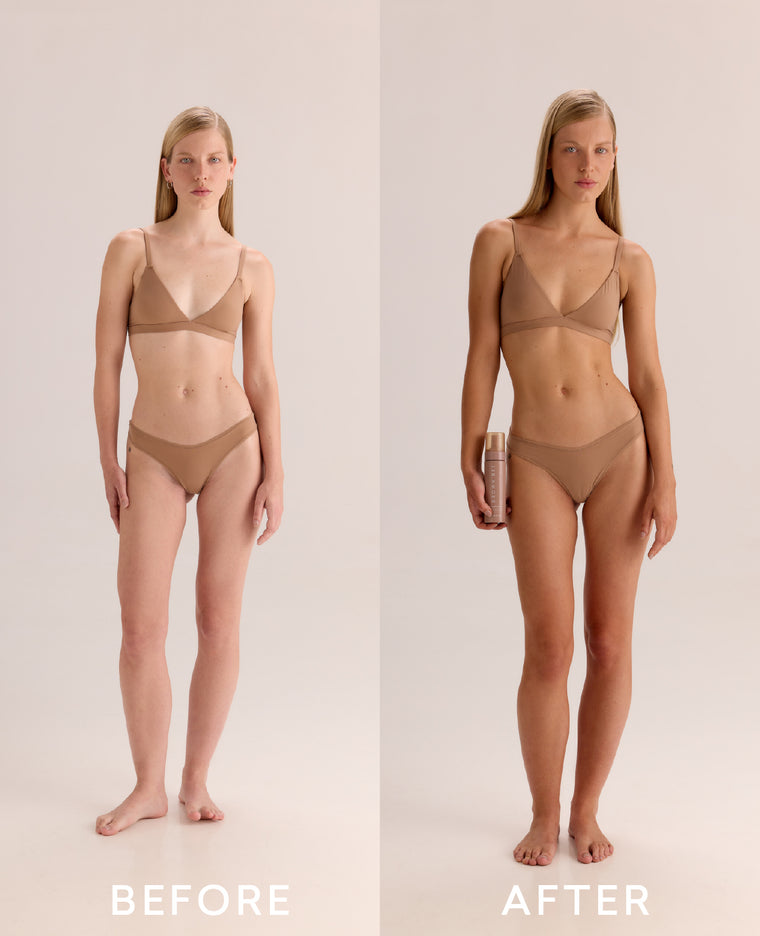 Before and after using the Brown Bee Air Mousse Tan Kit