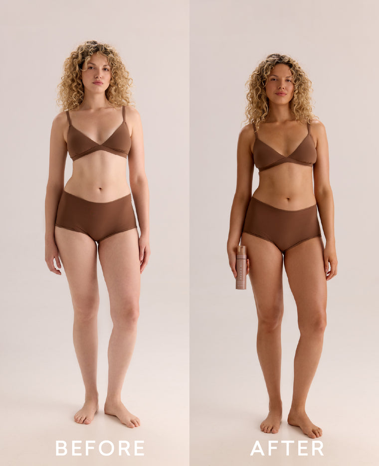 Before and after using the Brown Bee Air Mousse Tan Kit