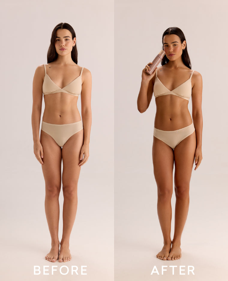 Before and after using Brown Bee Self-Tanning Air Mousse