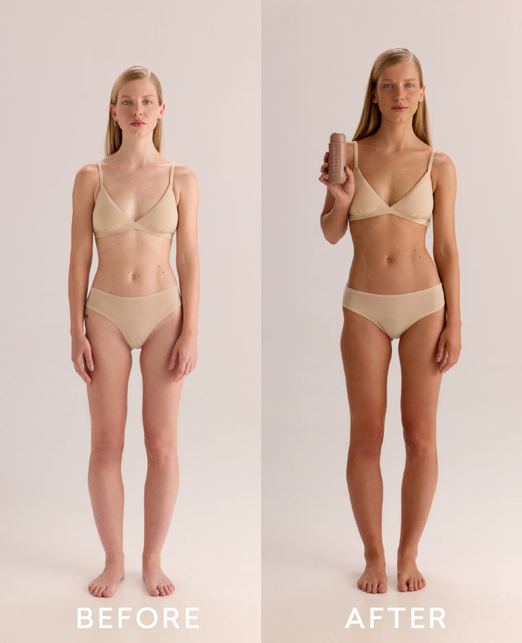 Before and after using Brown Bee Gradual Tan Daily Moisturizer