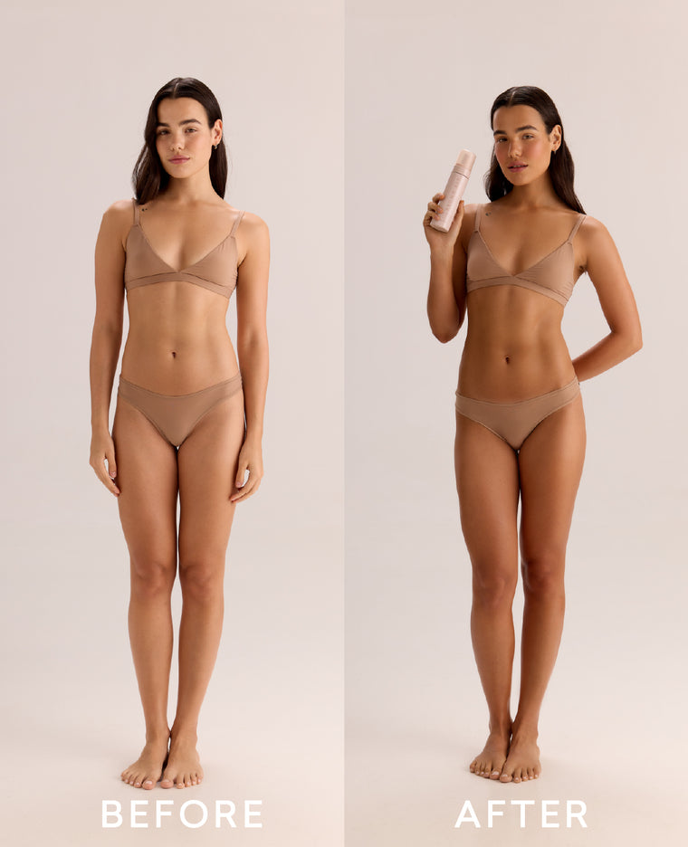 Before and after using Brown Bee Self-Tanning Hydro Mousse