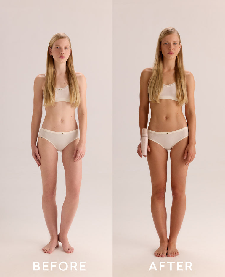 Before and after using Brown Bee Self-Tanning Hydro Mousse